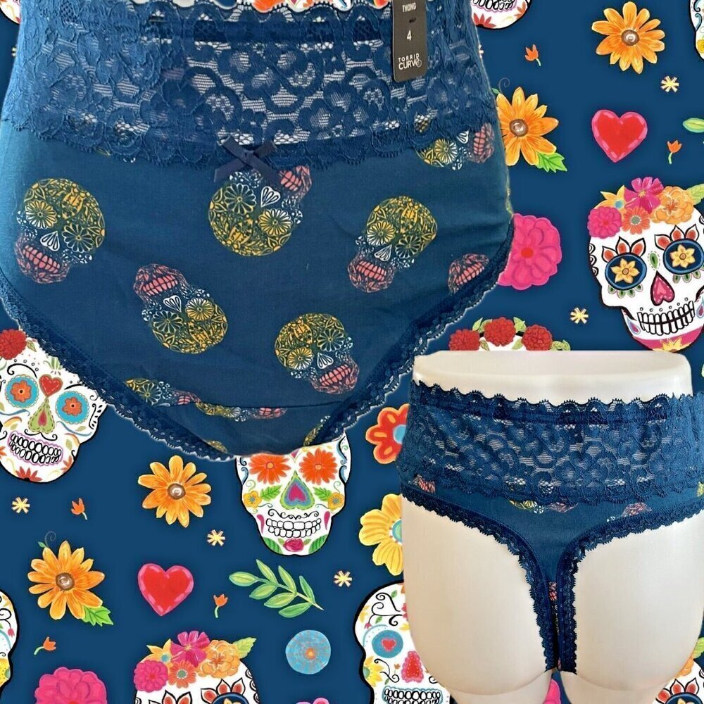 Torrid Plus 6 Teal Blue Calaveras Skull Print Wide Lace Waistband Thong Panties